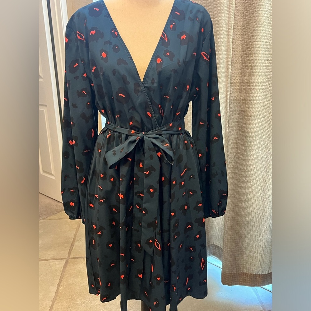 New teal and leopard print long sleeve dress
